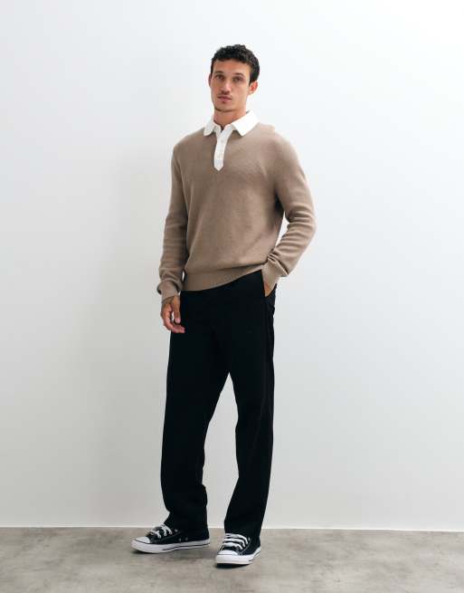 Gant contrast collar cotton merino rugby knitted polo in beige, 3 of 10