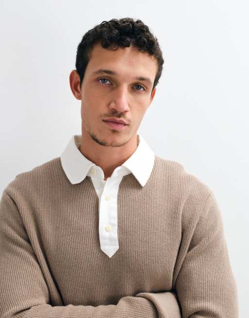 Gant contrast collar cotton merino rugby knitted polo in beige, 4 of 10