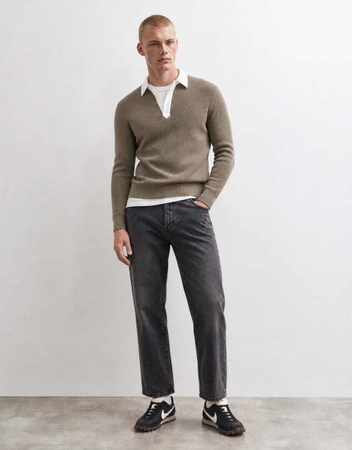 Gant contrast collar cotton merino rugby knitted polo in beige, 7 of 10
