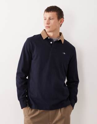 Gant GANT cord collar long sleeve polo shirt in navy