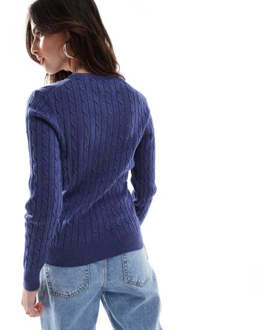 GANT cotton cable knit crew neck jumper with logo in navy ASOS