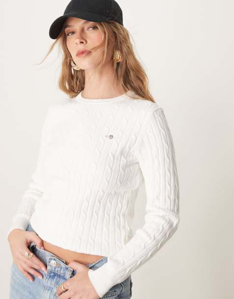 GANT cotton cable knit crew neck jumper with logo in white - view 1