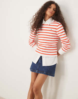 Gant GANT cotton cable knit crew neck logo jumper in red stripe