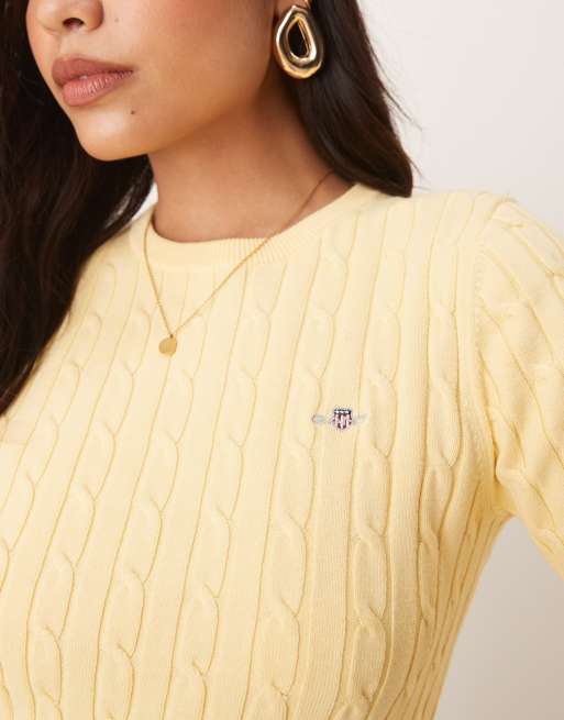 GANT cotton cable knit crew neck logo jumper in yellow, 2 of 4
