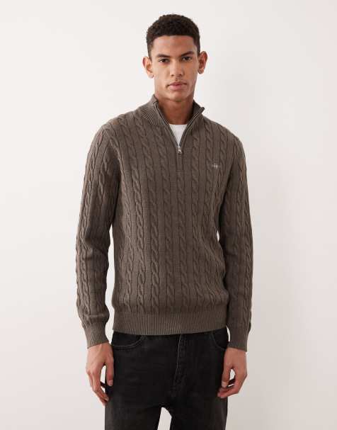 GANT Cotton cable knit half zip jumper in brown - view 1