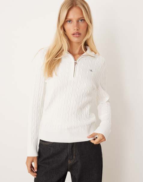 GANT cotton cable knit half-zip jumper in cream - view 1