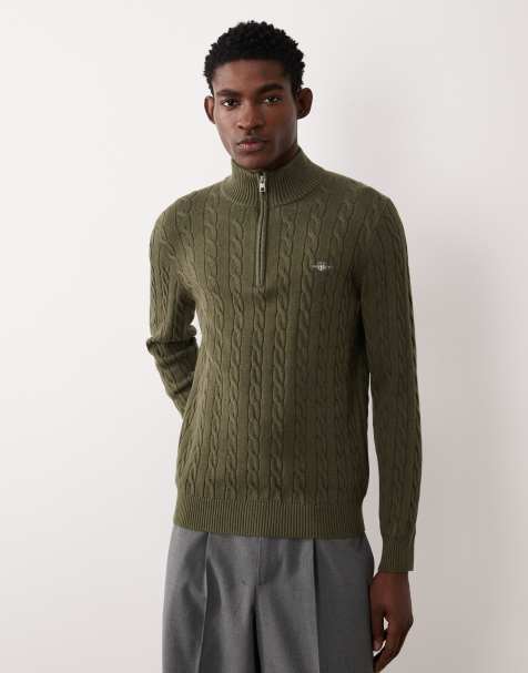 GANT Cotton cable knit half zip jumper in Khaki