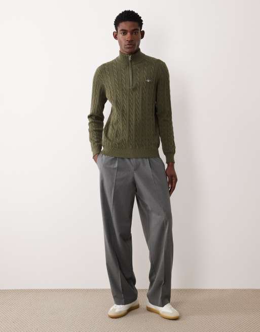 GANT Cotton cable knit half zip jumper in Khaki, 2 of 5