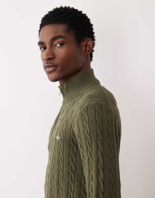 GANT Cotton cable knit half zip jumper in Khaki, 4 of 5