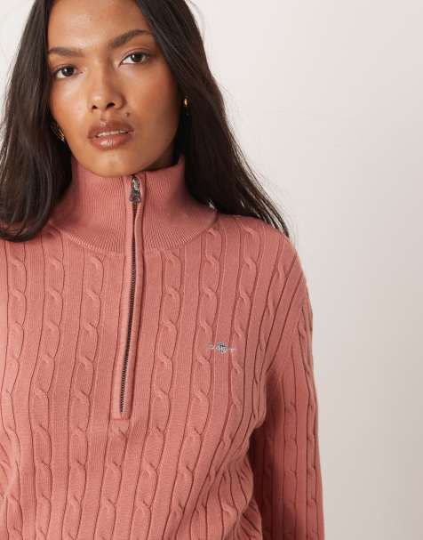 GANT cotton cable knit half-zip jumper in light red - view 1