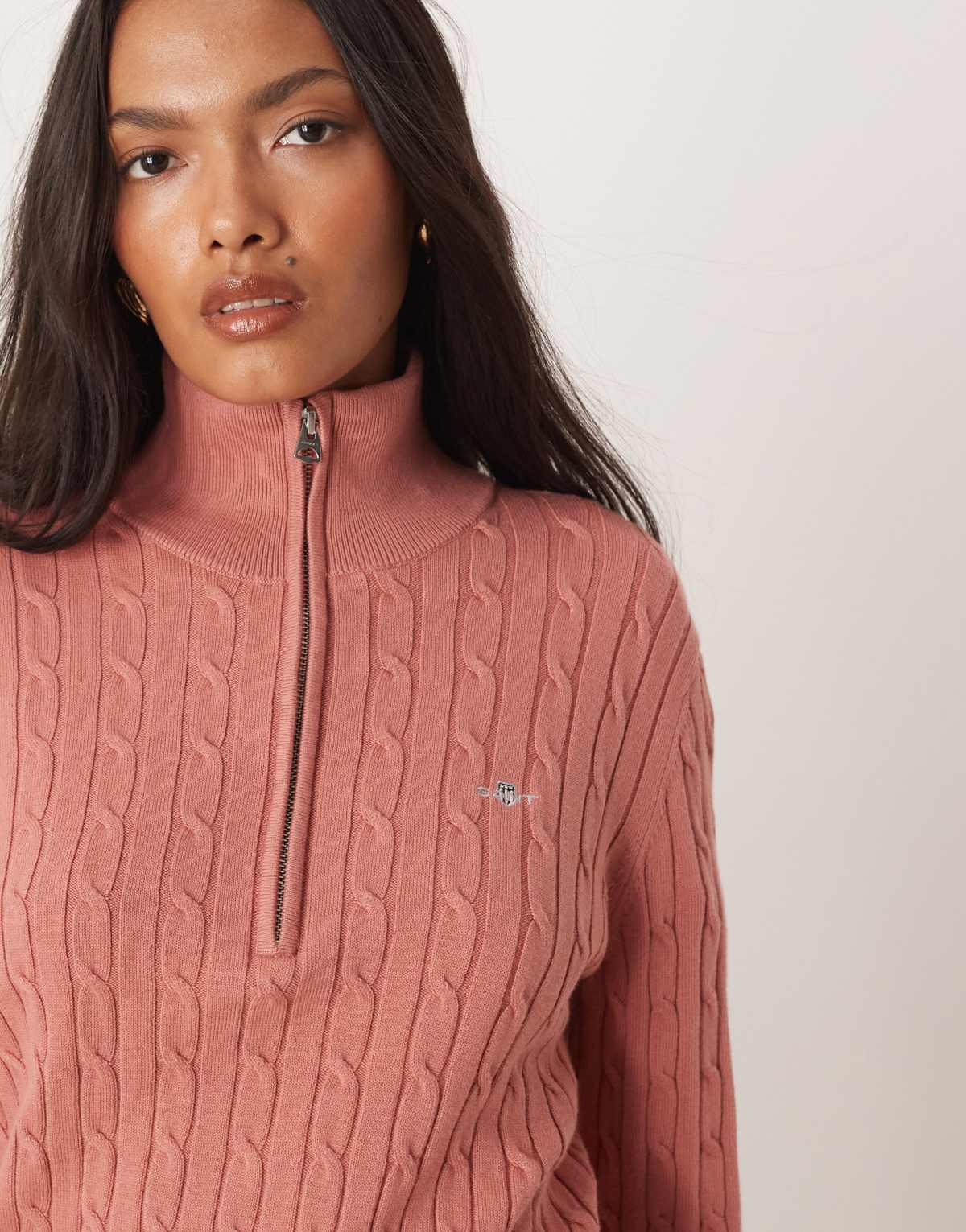 GANT cotton cable knit half-zip jumper in light red
