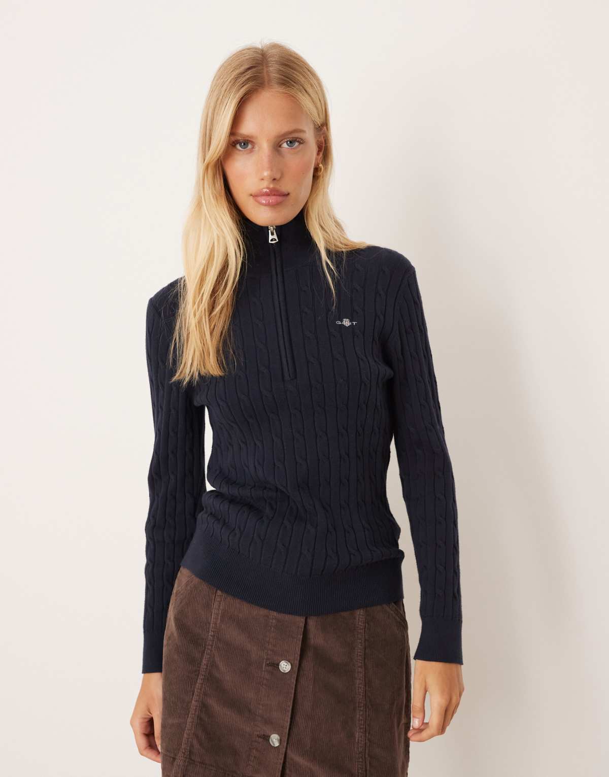 GANT cotton cable knit half-zip jumper in navy