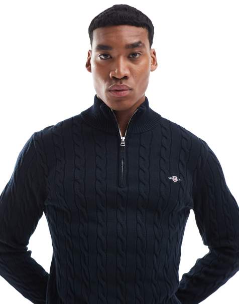 GANT cotton cable knit half zip jumper with logo in navy - view 1