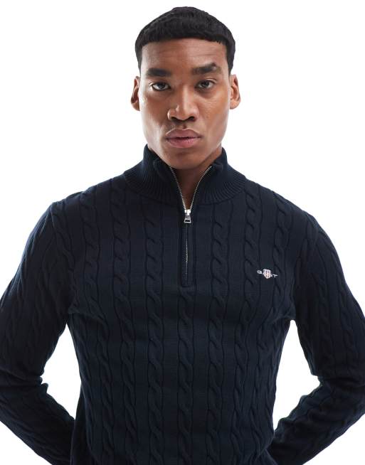 GANT cotton cable knit half zip jumper with logo in navy ASOS