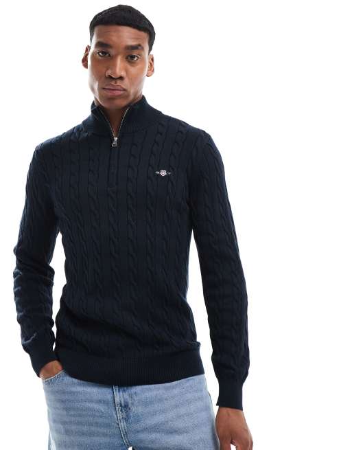 GANT cotton cable knit half zip jumper with logo in navy ASOS