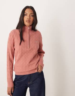 Gant Cotton Cable Knit Half-zip Sweater In Pink