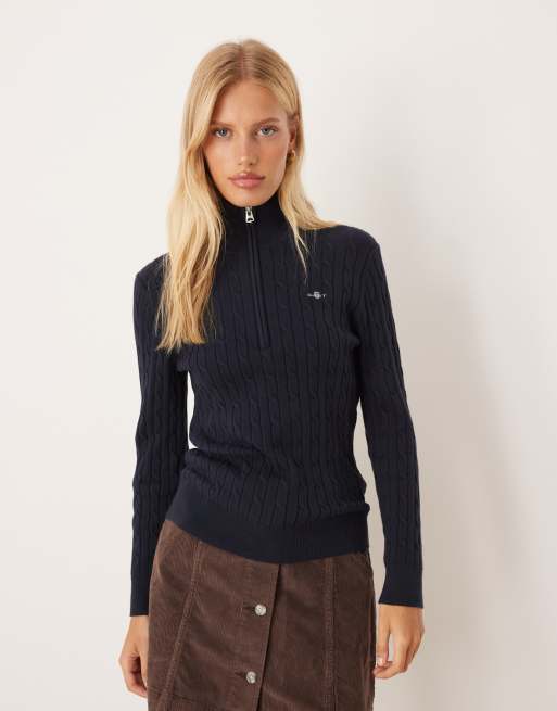 GANT cotton cable knit half-zip sweater in navy