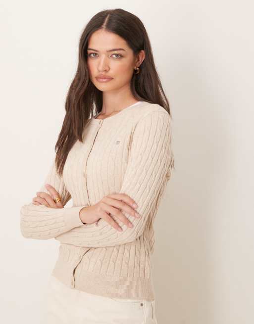 GANT cotton cable knit logo cardigan in sand