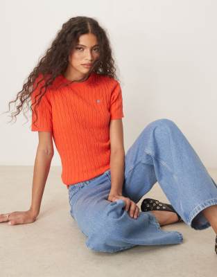 Gant GANT cotton cable knit short sleeve logo jumper in red