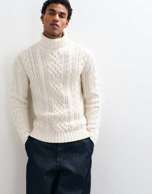 GANT cotton cable knit turtleneck jumper in cream, 2 of 5
