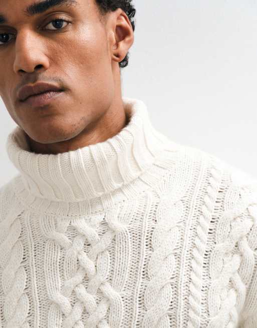 GANT cotton cable knit turtleneck jumper in cream, 4 of 5
