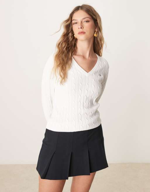 GANT cotton cable knit V-neck sweater with logo in white