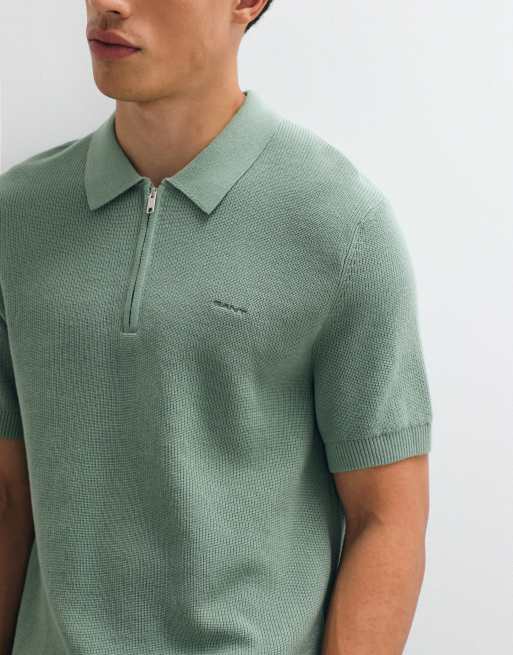 Gant cotton ribbed half-zip polo in mint green, 2 of 5