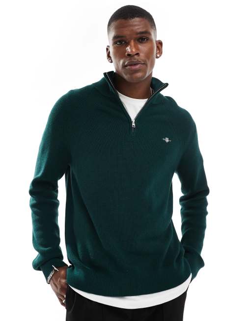 GANT cotton wool mix knit half zip jumper with logo in dark green ASOS