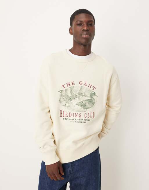 GANT - Cremehvid sweatshirt med 'Birding Club'-print i afslappet pasform