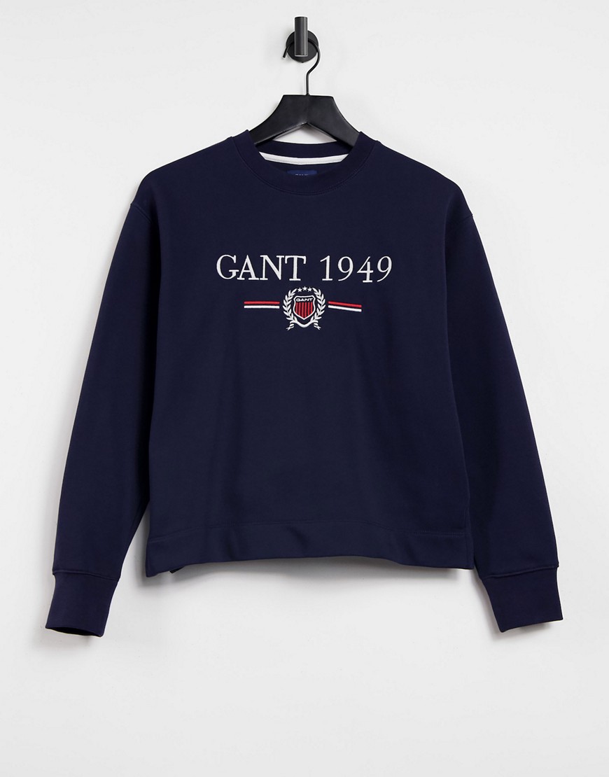 GANT crest crew neck sweater in navy blue-Blues