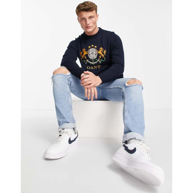 GANT flag crest logo knit jumper in evening blue navy