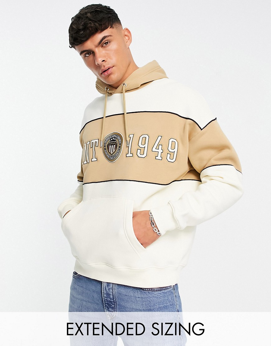 GANT crest shield logo color block relaxed fit hoodie in cream-White