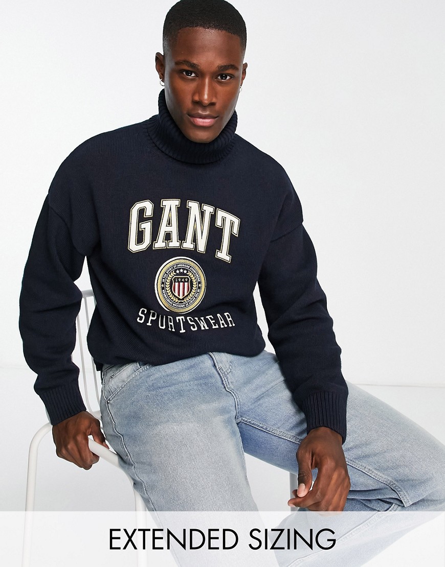 GANT crest shield logo roll neck knit sweater in navy