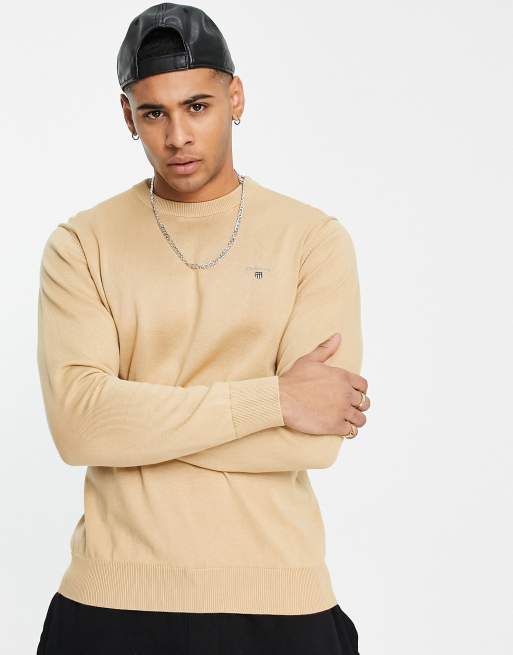 GANT crew knit sweater with small logo in cream 