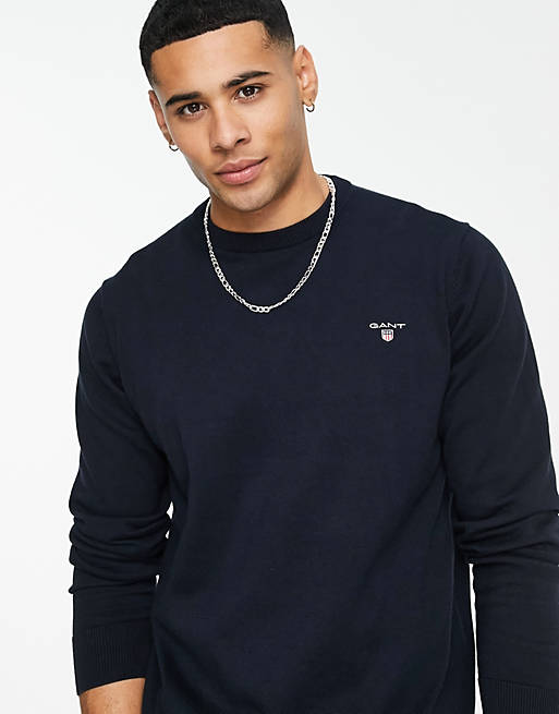 GANT crew knit sweater with small logo in navy