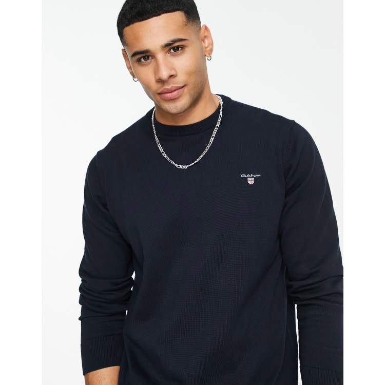 GANT crew knit sweater with small logo in navy ASOS