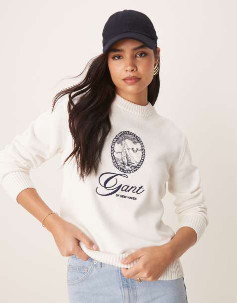 GANT crew neck sweater with central embroided logo in off white - view 1