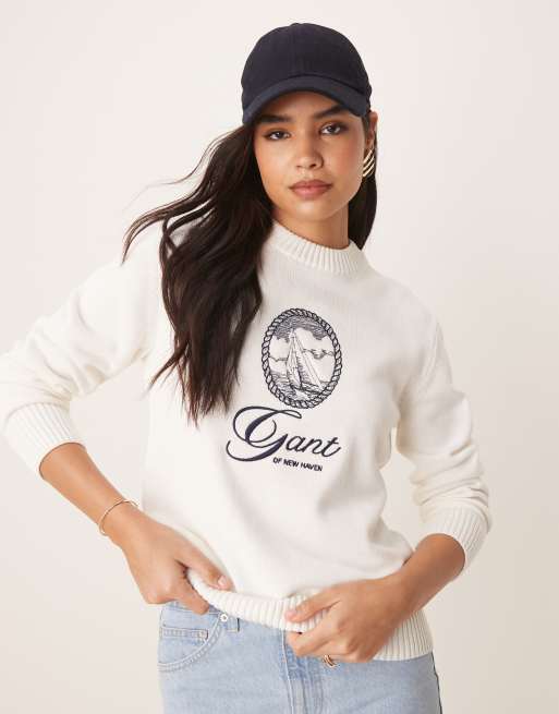GANT crew neck sweater with central embroided logo in off white