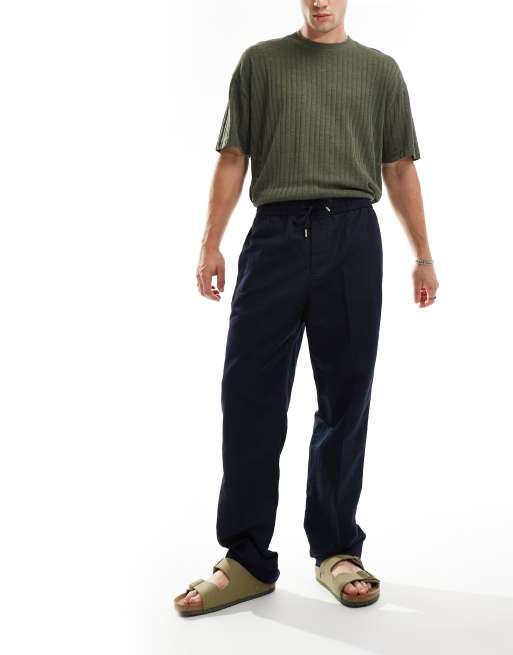 GANT drawcord cotton linen look pants in navy