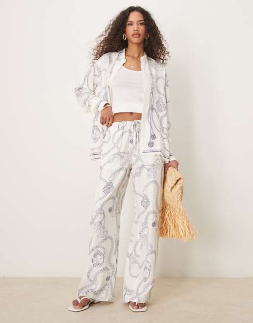 GANT drawstring wide leg chain print pants in off white - part of a set