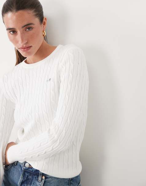 GANT elastyczny bawełniany sweter o warkoczowym splocie w kolorze off white - view 1