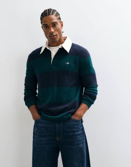 GANT Feinstrick-Pullover aus Lammwolle mit Streifen im Rugby-Stil in Smaragdgrün, 5 von 5