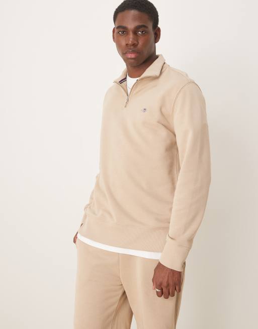 GANT - Felpa beige con zip corta e logo a scudo in coordinato