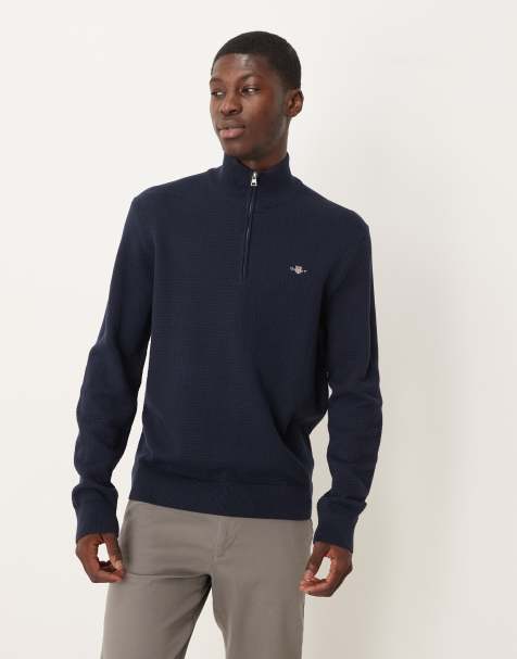 GANT - Felpa blu navy testurizzata in cotone con zip corta - view 1