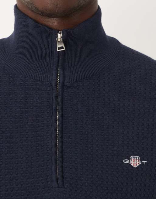 GANT - Felpa blu navy testurizzata in cotone con zip corta, 5 di 5