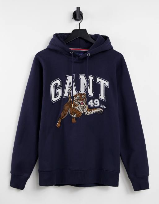 GANT - Felpa con cappuccio blu navy con stampa grande di tigre stile college e logo