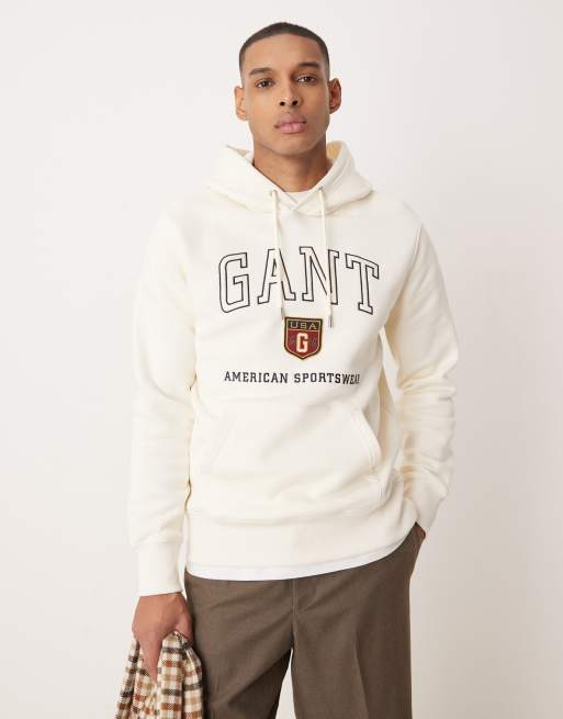 GANT - Felpa con cappuccio color crema con logo stile college