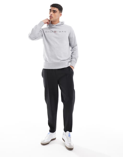 GANT - Felpa grigio mélange con logo a scudo stampato sul davanti e con cappuccio, 4 di 4