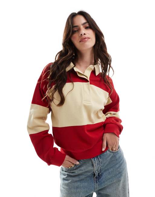 GANT - Felpa stile rugby color block piqué rossa con logo