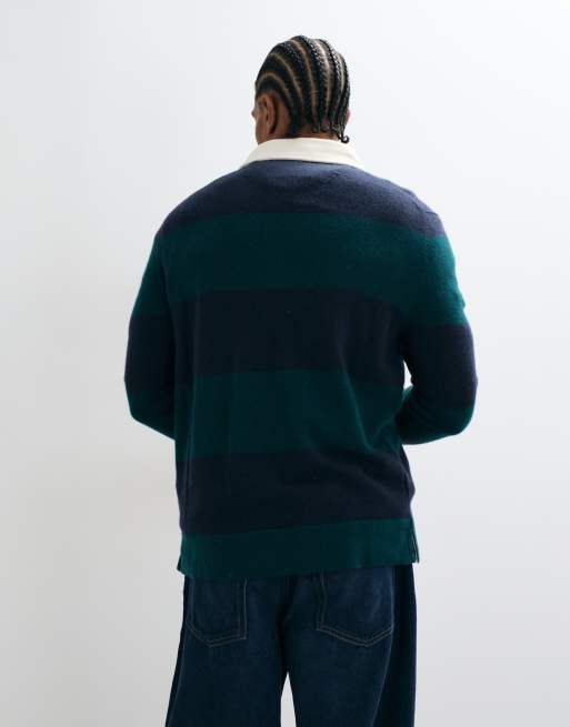 GANT fine knit lambswool striped rugby polo in emerald, 3 of 5